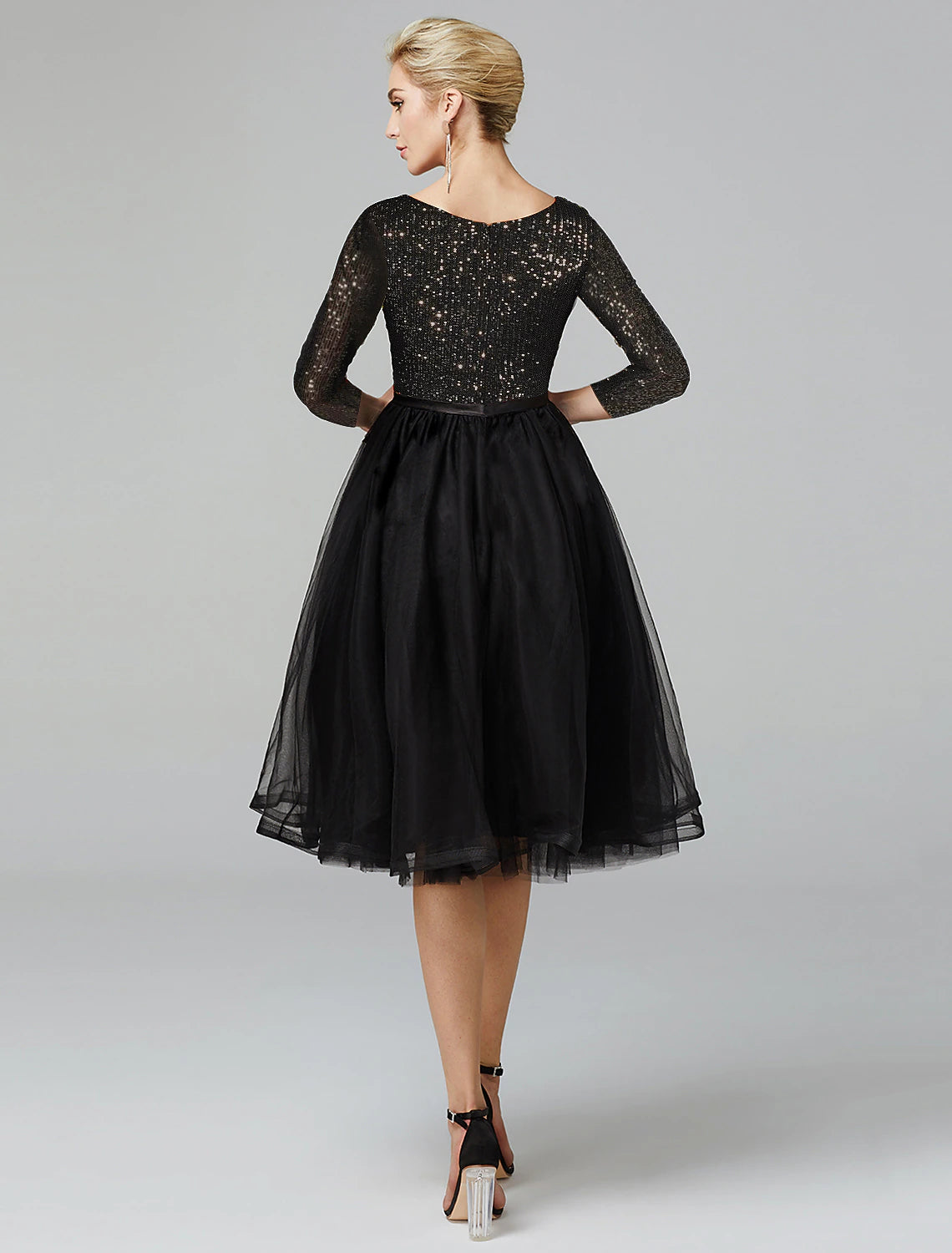Wholesale A-Line Cocktail Dresses Sparkle & Shine Dress Formal Tea Length 3/4 Length Sleeve Jewel Neck Fall Wedding Guest Tulle with Sequin